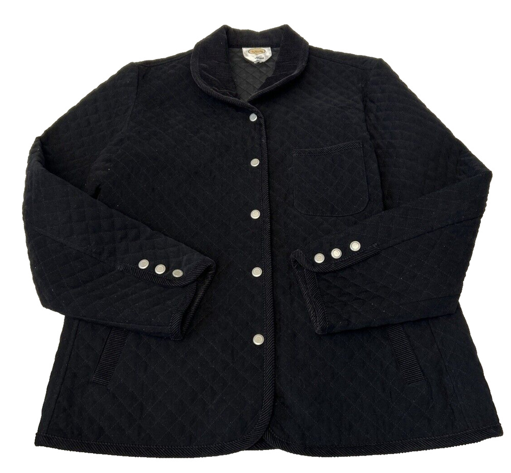 Talbots Women Quilted Corduroy Neck Jacket Sz L Black Snap Button Front Stretch